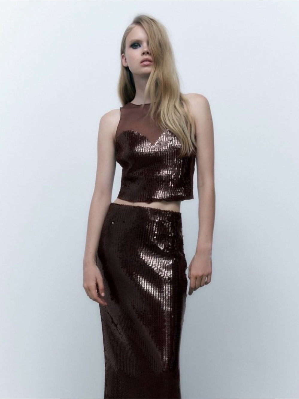 ZARA Brown Sequin Mesh Top & Maxi Skirt TWO-PIECE SET - size S, NWT